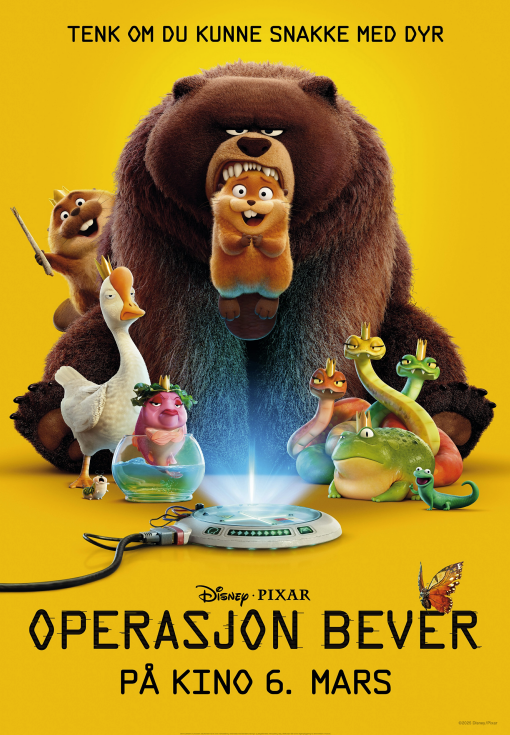 Bildet viser kinoplakaten til animasjonsfilmen Operasjon Bever. Filmplakat for Disney/Pixar-filmen Operasjon Bever. En stor brun bjørn sitter bakerst, med flere tegneseriedyr foran seg: en bever med en pinne, en and, en hamster, en fisk i bolle, en frosk og flere slanger. Dyrene står rundt en liten maskin som lyser, som om den lar dem snakke sammen. Bakgrunnen er gul. Øverst står teksten «Tenk om du kunne snakke med dyr