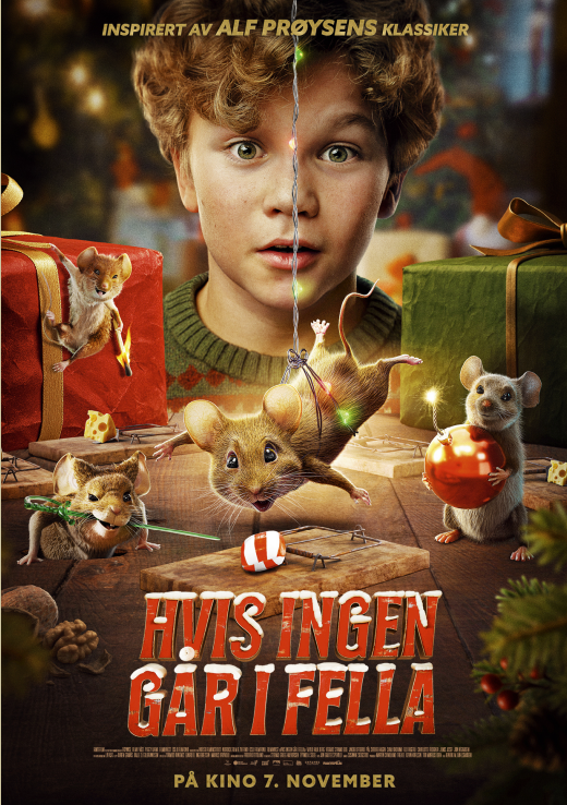 Kinoplakaten viser flere dansende mus, i bakgrunnen kan man se julegaver og en overrasket gutt 