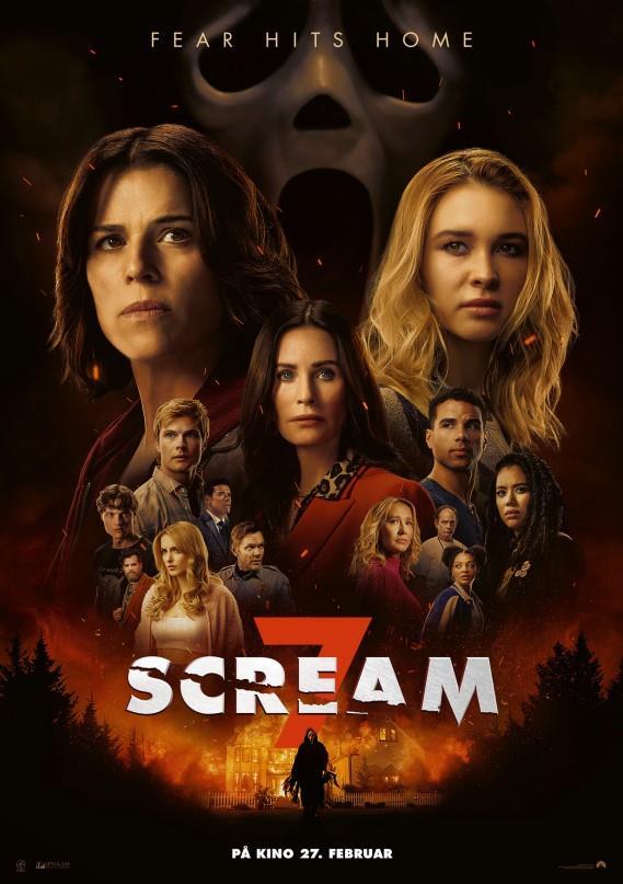 Filmplakaten til Scream 7 viser de fleste rolleinnehaverne avbildet i et collage. I bakgrunnen ser man Scream masken. Nederst på bildet ser man Scream mannen i helfigur, bakenfor han ser man et stort hus som er i brann. 