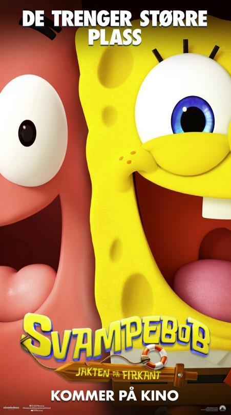 Kinoplakaten viser animasjonskarakteren Svampebob firkant og kompisen krabbe. Det er et nærbilde av dem hvor man kun ser en av øynene til hver av dem 