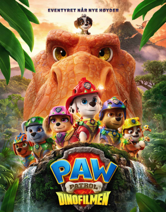 Filmplakat for «Paw Patrol: Dinofilmen», med Paw Patrol-valpene foran en stor dinosaur i et frodig jungellandskap.