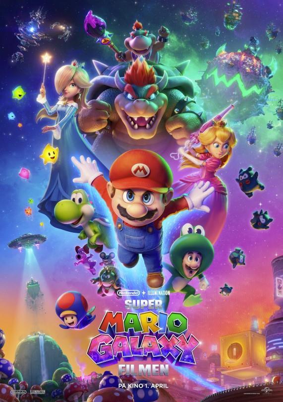 Fargerik kinoplakat for animasjonsfilmen Super Mario Galaxy. Mario og Luigi svever i verdensrommet omgitt av planeter, stjerner og kosmiske elementer. Plakaten har et lekent og eventyrlig uttrykk som viser at filmen foregår i galaksen, langt fra Soppriket.
