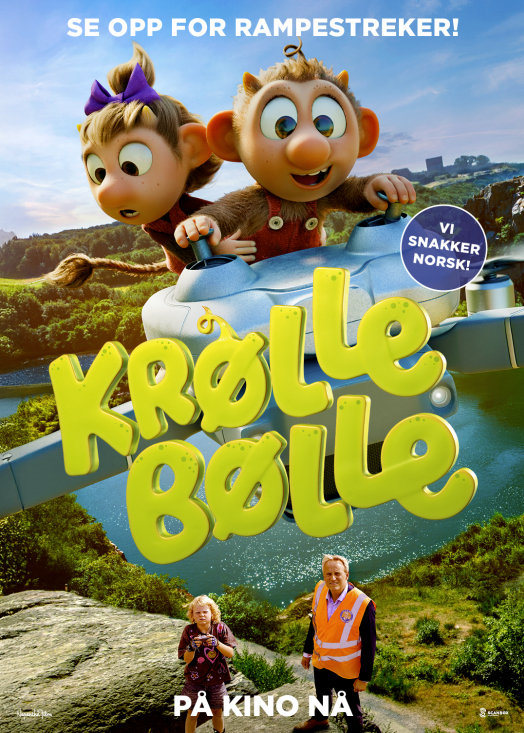 Kinoplakaten til Krølle Bølle viser to animerte apefigurer som sitter i et lite fly over et grønt landskap med vann og klipper. Nederst står en voksen og et barn ved siden av en vei. Tekst på plakaten: «Se opp for rampestreker!», «Vi snakker norsk!» og «På kino nå».