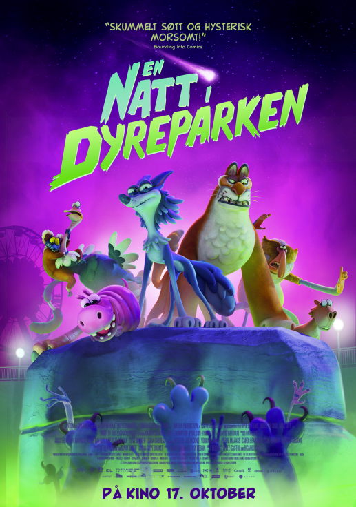 Bildet viser kinoplakaten til den animerte filmen En natt i dyreparken. Bildet viser forskjellige dyr fra dyreparken som står på en sten og ser ned på de andre dyrene.