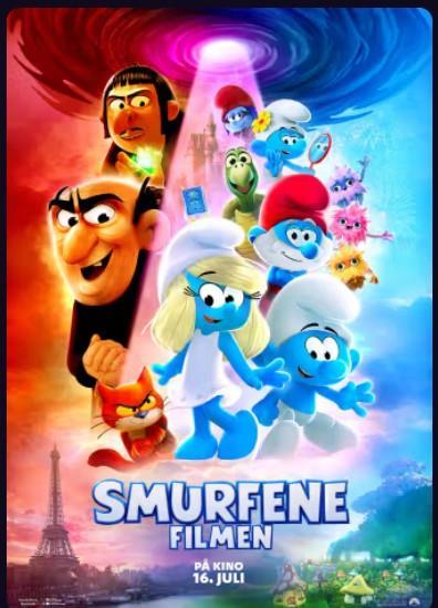 Bildet viser kinoplakakten til filmen Smurfene: Filmen. På bildet ser man en rekke blå smurfer og to menn som ser ut til å ha onde hensikter. - Deaddil ja stuora govva ihtá