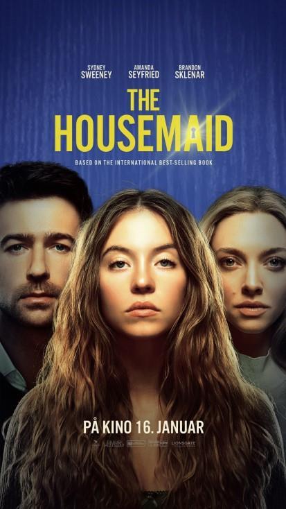 Bildet viser kinoplakaten til filmen The Housemaid. Bildet viser et nærbilde av karakterene Millie, Nina og Andrew. 